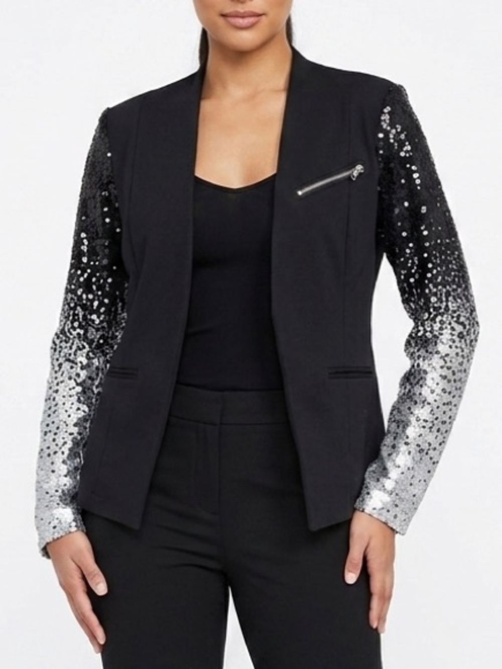NWT I Heart Ronson Sequined Sleeve Open Front Blazer Jacket Black Silver Sz M